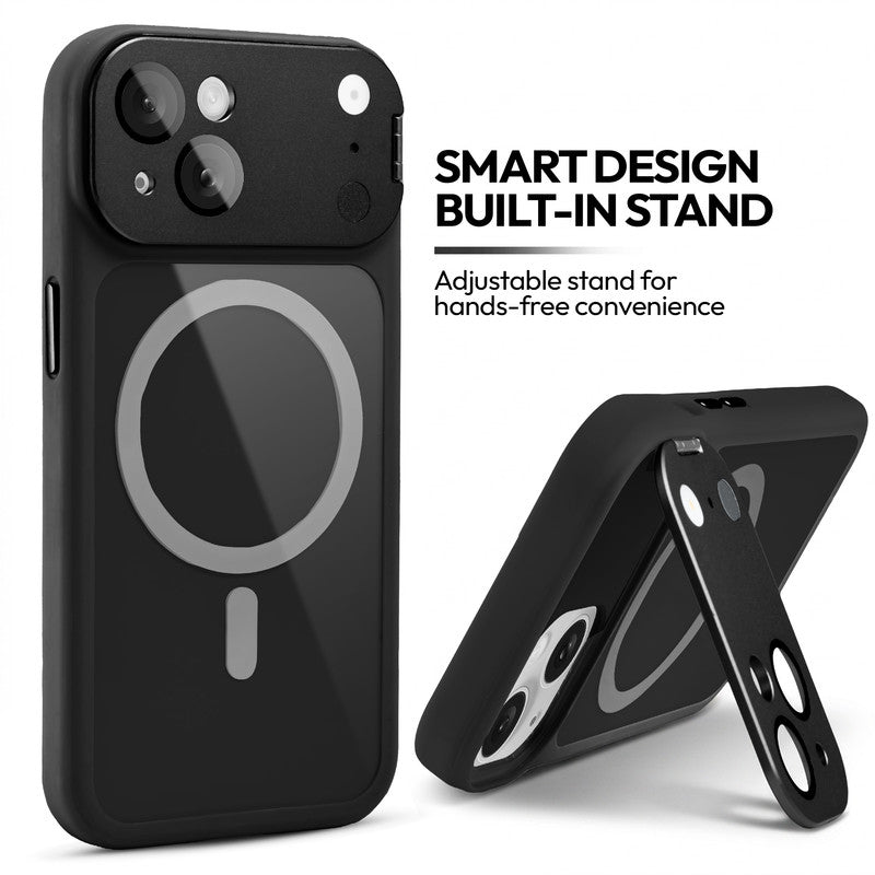 Apple iPhone 15 Case with MagSafe Compatibility, Flip-Open Camera Cover Stand, Glossy Glass Back & Metallic Buttons