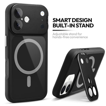 Apple iPhone 16 Case with MagSafe Compatibility, Flip-Open Camera Cover Stand, Glossy Glass Back & Metallic Buttons