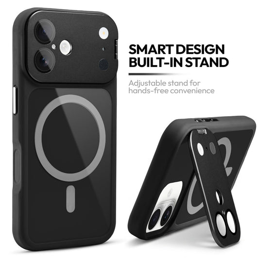 Apple iPhone 16 Case with MagSafe Compatibility, Flip-Open Camera Cover Stand, Glossy Glass Back & Metallic Buttons