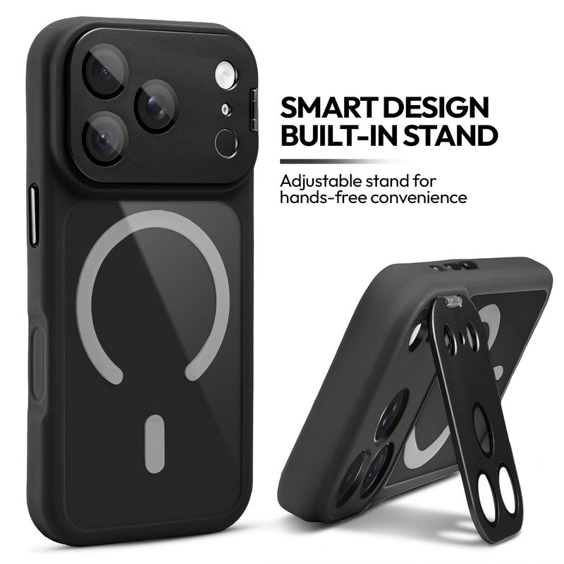 Apple iPhone 18 Pro Case with MagSafe Compatibility, Flip-Open Camera Cover Stand, Glossy Glass Back & Metallic Buttons