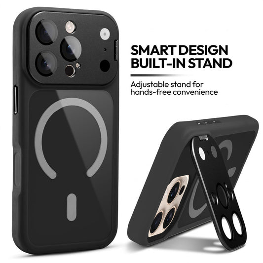 Apple iphone 16 Pro Max Case with MagSafe Compatibility, Flip-Open Camera Cover Stand, Glossy Glass Back & Metallic Buttons
