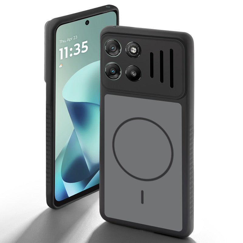 Black back cover for Motorola G57 Power 5G with camera cut protection and ring design on back side.