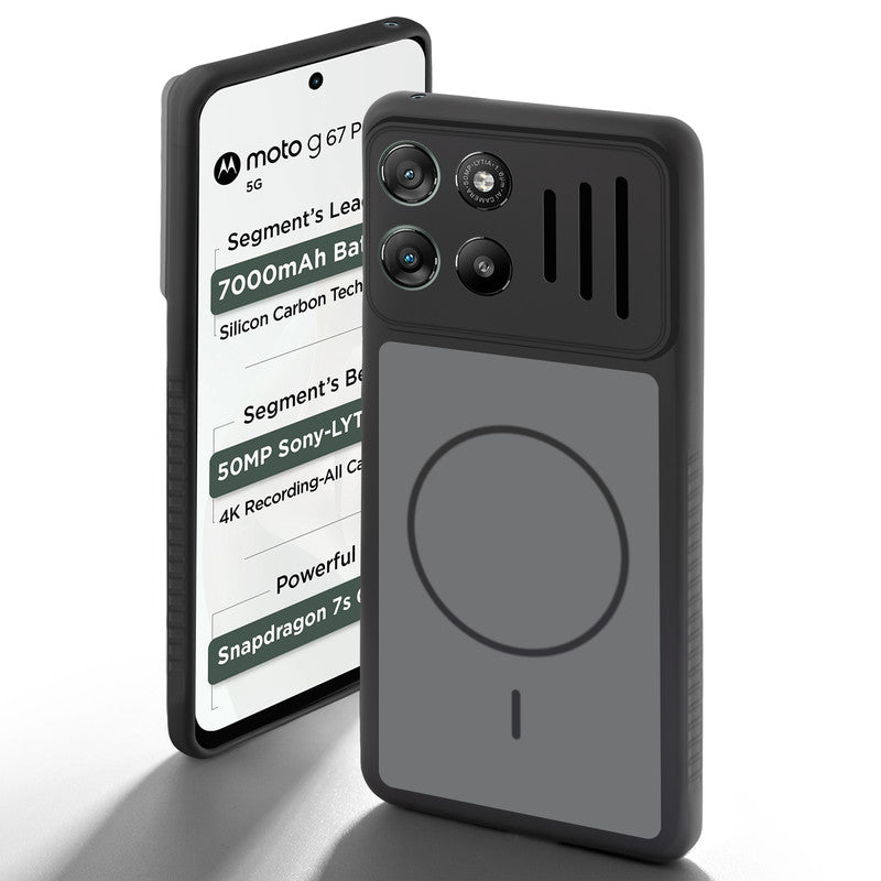 Black back cover for Motorola G67 Power 5G with camera cut protection and ring design on back side.