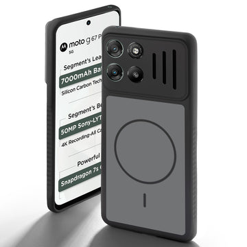 Black back cover for Motorola G67 Power 5G with camera cut protection and ring design on back side.