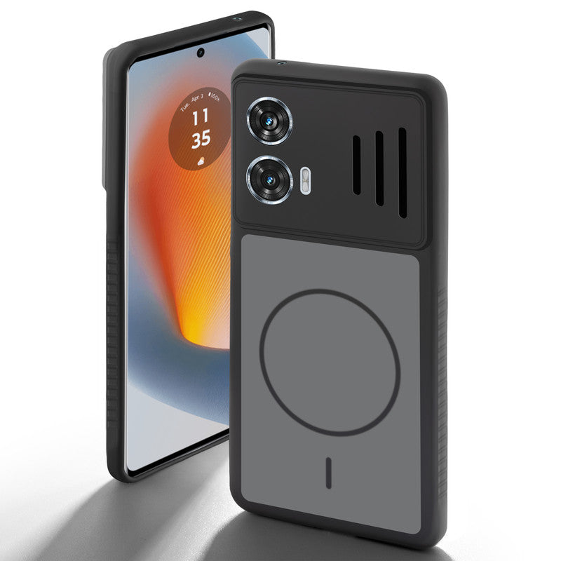 Black back cover for Motorola Moto Edge 50 Fusion 5G with camera cut protection and ring design on back side.