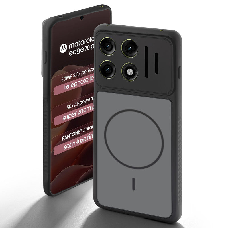 Black back cover for Motorola Moto Edge 70 Pro Plus 5G with camera cut protection and ring design on back side.