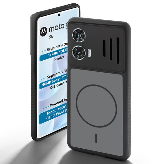 Black back cover for Motorola Moto G96 5G with camera cut protection and ring design on back side.