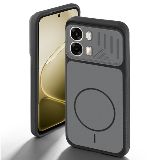 Black back cover for Oppo A6 Pro 5G with camera cut protection and ring design on back side.