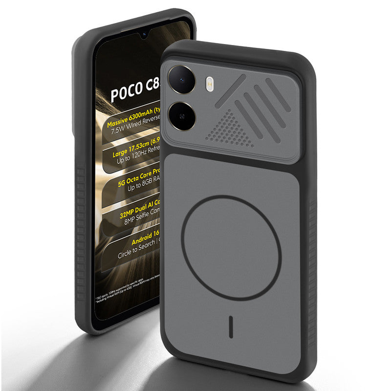 Black back cover for Poco C85x 5G with camera cut protection and ring design on back side.
