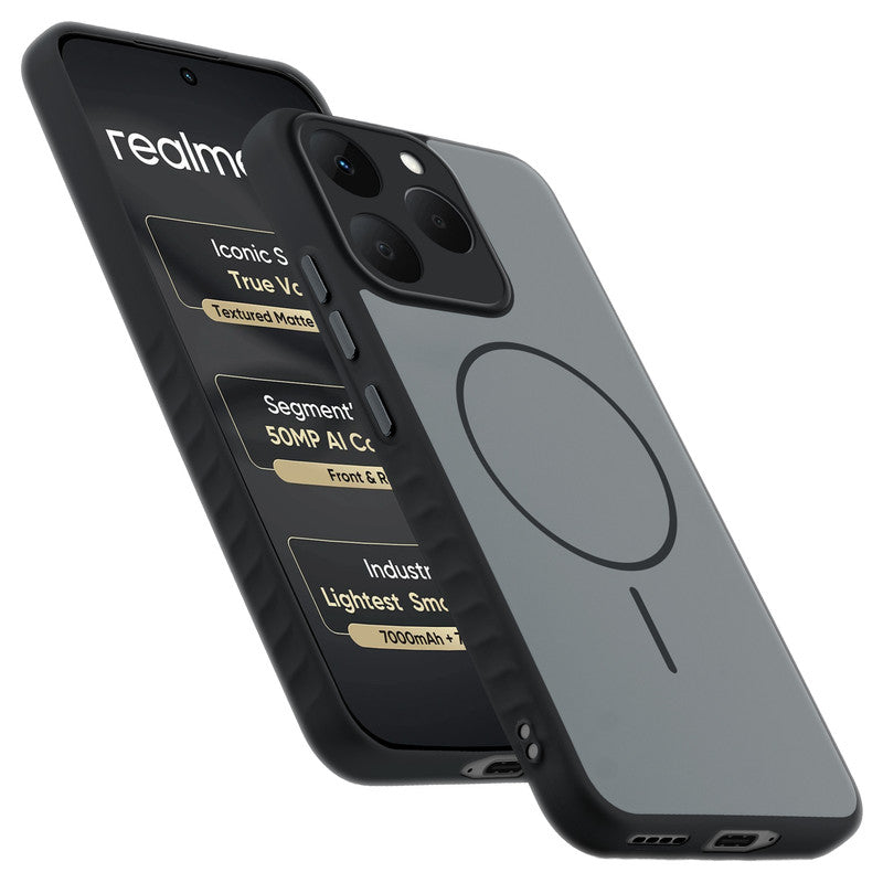 Matte Silicone Dual Color Back Cover with Metal Buttons & Ring Design for Realme 15T 5G