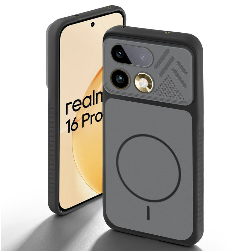 Black back cover for Realme 16 Pro 5G with camera cut protection and ring design on back side.