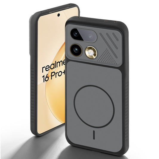 Black back cover for Realme 16 Pro Plus 5G with camera cut protection and ring design on back side.