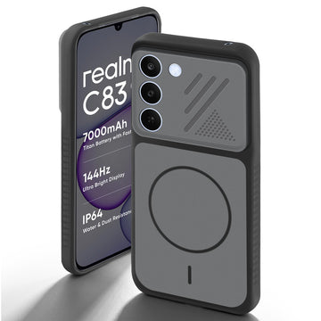 Black back cover for Realme C83 5G with camera cut protection and ring design on back side.