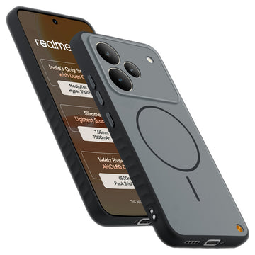 Matte Silicone Dual Color Back Cover with Metal Buttons & Ring Design for Realme P4 5G
