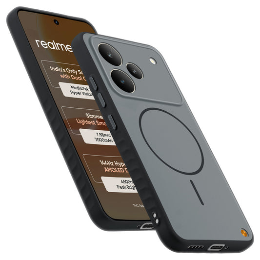 Matte Silicone Dual Color Back Cover with Metal Buttons & Ring Design for Realme P4 5G