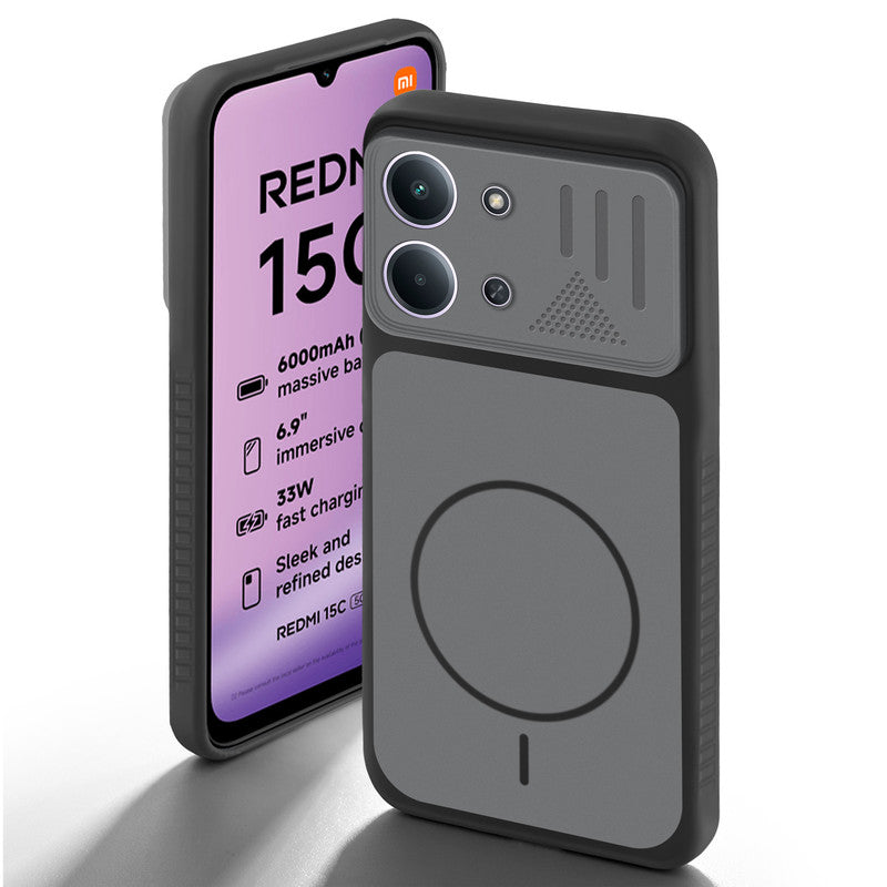 Black back cover for Redmi 15C 5G with camera cut protection and ring design on back side.