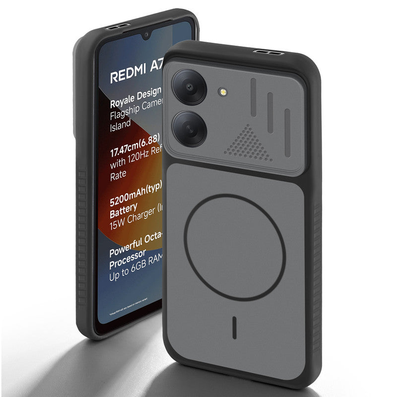 Black back cover for Redmi A7 4G with camera cut protection and ring design on back side.