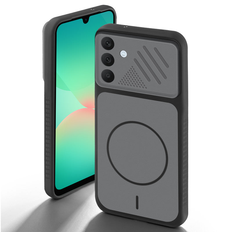 Black back cover for Samsung A26 5G with camera cut protection and ring design on back side.