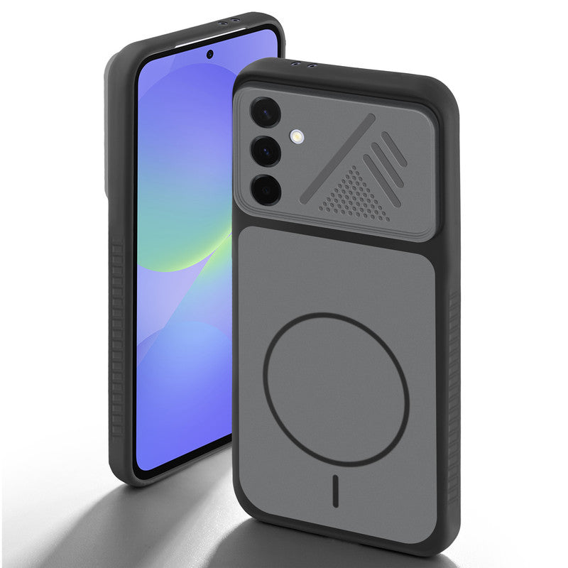 Black back cover for Samsung A36 5G with camera cut protection and ring design on back side.