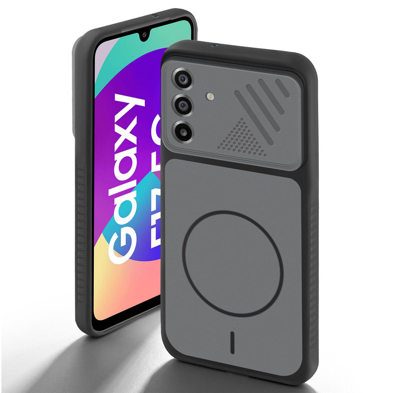 Black back cover for Samsung F17 5G  with camera cut protection and ring design on back side.