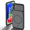 Black back cover for Samsung F70e 5G with camera cut protection and ring design on back side.