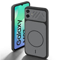 Black back cover for Samsung M07 with camera cut protection and ring design on back side.