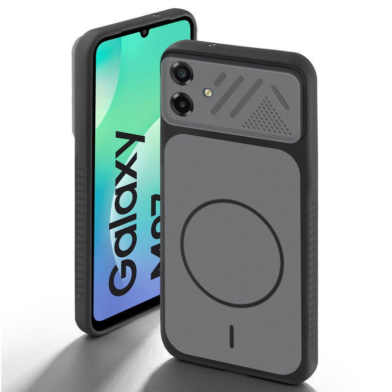 Black back cover for Samsung M07 with camera cut protection and ring design on back side.