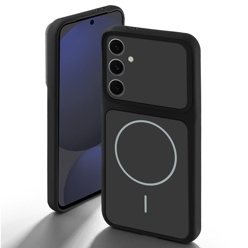 Black back cover for Samsung S24 FE 5G with camera cut protection and ring design on back side.