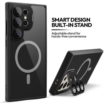 Samsung S24 Ultra 5G Case with MagSafe Compatibility, Flip-Open Camera Cover Stand, Glossy Glass Back & Metallic Buttons
