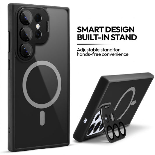 Samsung S25 Ultra 5G Case with MagSafe Compatibility, Flip-Open Camera Cover Stand, Glossy Glass Back & Metallic Buttons