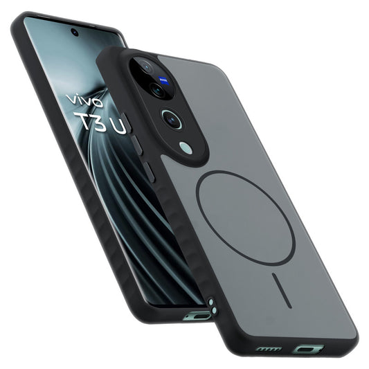 Matte Silicone Dual Color Back Cover with Metal Buttons & Ring Design for Vivo T3 Ultra 5G