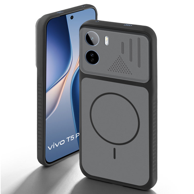 Black back cover for Vivo T5 Pro 5G with camera cut protection and ring design on back side.
