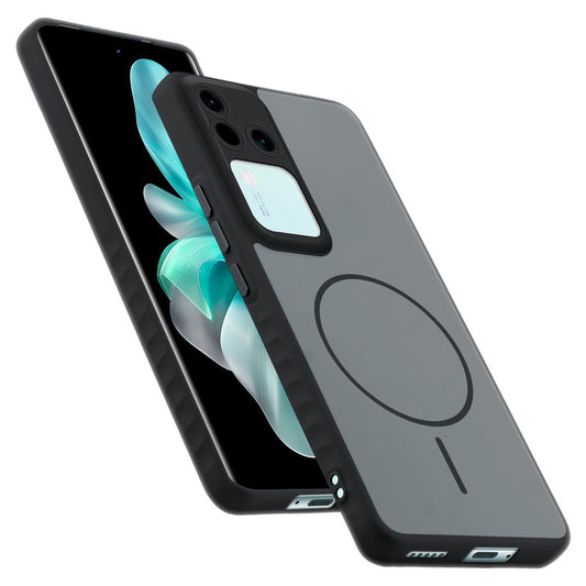 Matte Silicone Dual Color Back Cover with Metal Buttons & Ring Design for Vivo V30 5G
