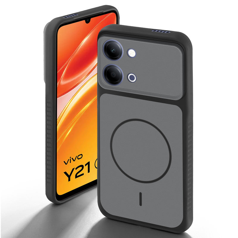 Black back cover for Vivo Y21 5G with camera cut protection and ring design on back side.