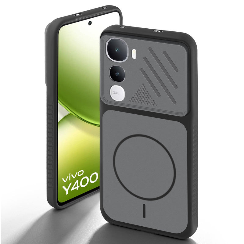 Black back cover for Vivo Y400 5G with camera cut protection and ring design on back side.