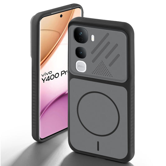 Black back cover for Vivo Y400 Pro 5G with camera cut protection and ring design on back side.