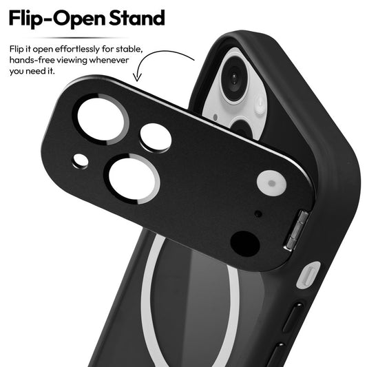 Apple iPhone 14 Case with MagSafe Compatibility, Flip-Open Camera Cover Stand, Glossy Glass Back & Metallic Buttons