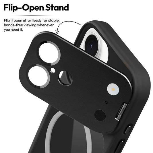Apple iPhone 17 Case with MagSafe Compatibility, Flip-Open Camera Cover Stand, Glossy Glass Back & Metallic Buttons