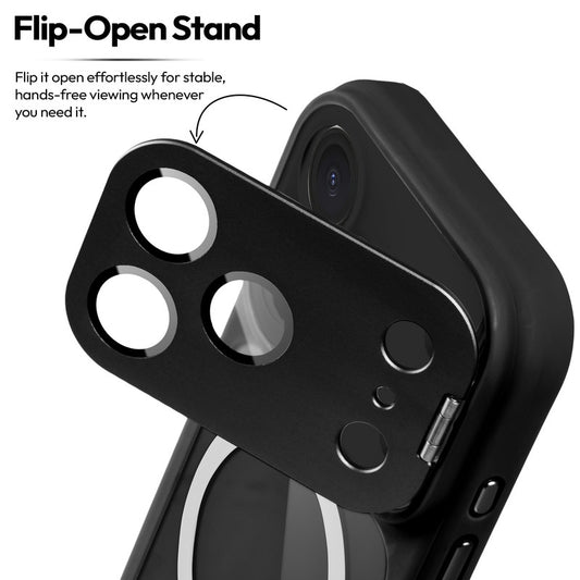 Apple iPhone 18 Pro Max Case with MagSafe Compatibility, Flip-Open Camera Cover Stand, Glossy Glass Back & Metallic Buttons
