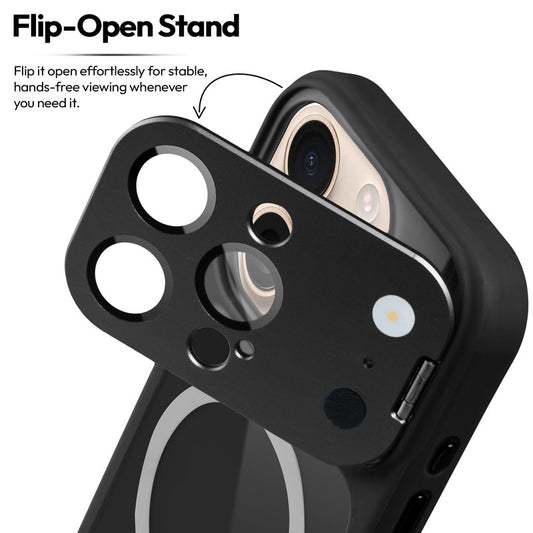 Apple iphone 16 Pro Max Case with MagSafe Compatibility, Flip-Open Camera Cover Stand, Glossy Glass Back & Metallic Buttons