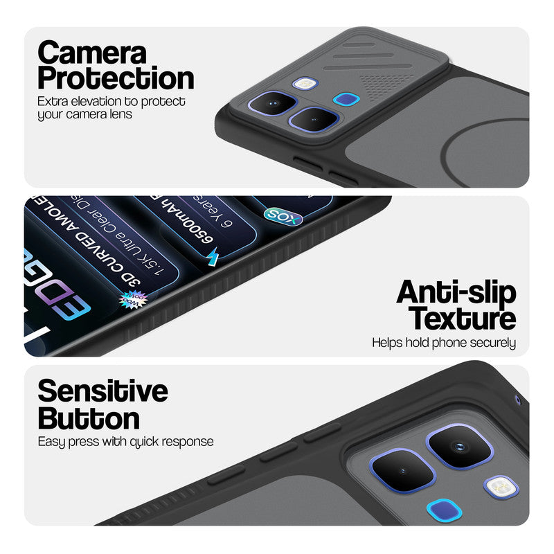 Black phone case for Infinix Note Edge showing camera safety edges, anti slip side grip and easy press button covers.