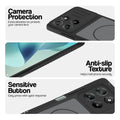 Black phone case for Motorola G57 Power 5G showing camera safety edges, anti slip side grip and easy press button covers.