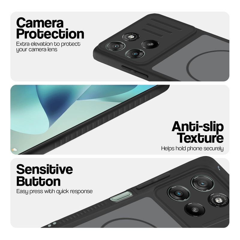 Black phone case for Motorola G57 Power 5G showing camera safety edges, anti slip side grip and easy press button covers.