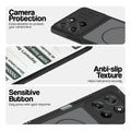 Black phone case for Motorola G67 Power 5G showing camera safety edges, anti slip side grip and easy press button covers.