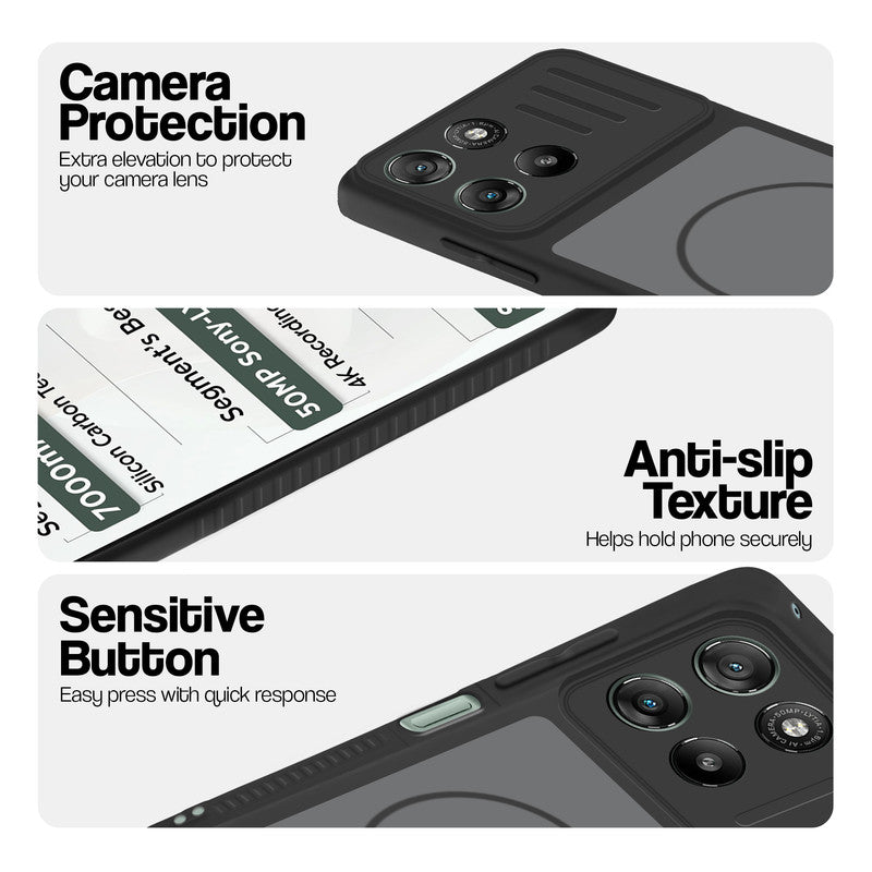 Black phone case for Motorola G67 Power 5G showing camera safety edges, anti slip side grip and easy press button covers.