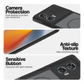 Black phone case for Motorola Moto Edge 50 Fusion 5G showing camera safety edges, anti slip side grip and easy press button covers.