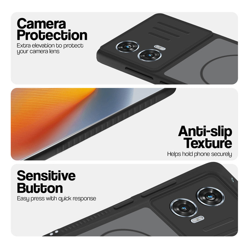 Black phone case for Motorola Moto Edge 50 Fusion 5G showing camera safety edges, anti slip side grip and easy press button covers.