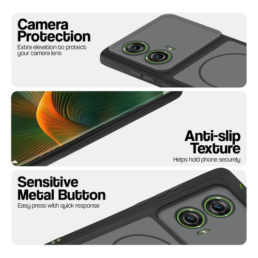 Black Phone case for Motorola Moto Edge 50 Fusion 5G highlighting raised camera protection, anti-slip texture, and responsive side buttons