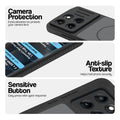 Black phone case for Motorola Moto Edge 60 5G showing camera safety edges, anti slip side grip and easy press button covers.