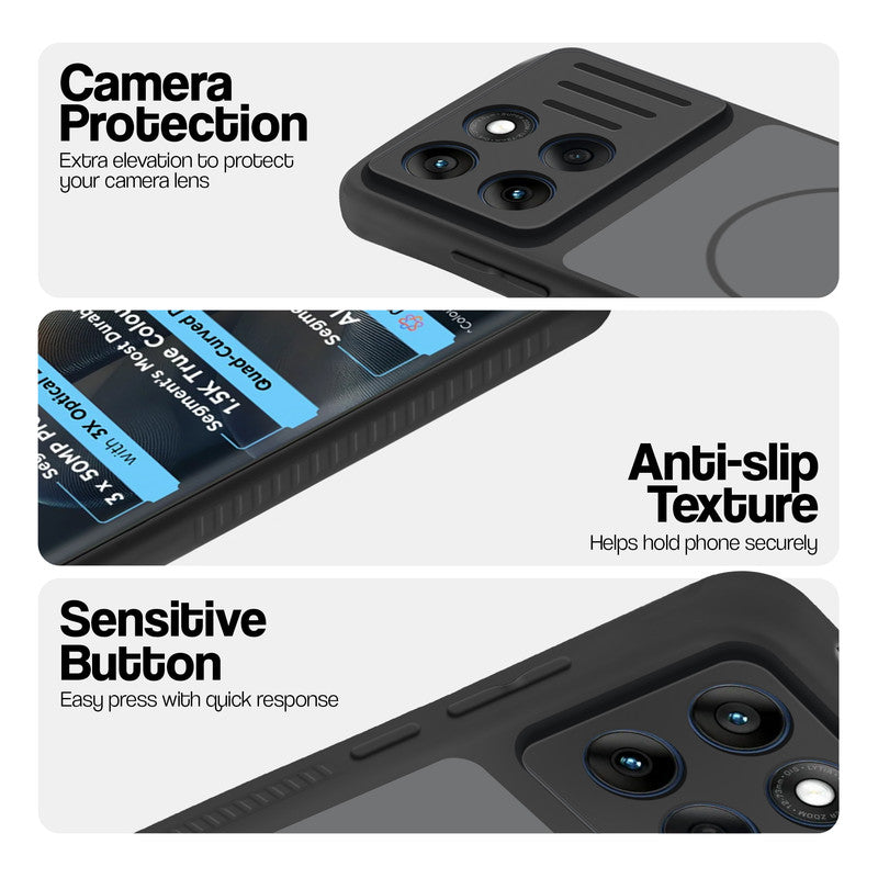 Black phone case for Motorola Moto Edge 60 5G showing camera safety edges, anti slip side grip and easy press button covers.